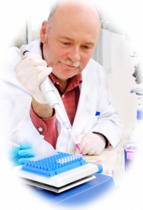 Senior scientist loads PCR samples to test DNA with an Eppendorf Pipette Senior scientist loads PCR samples to test DNA with an Eppendorf Pipette